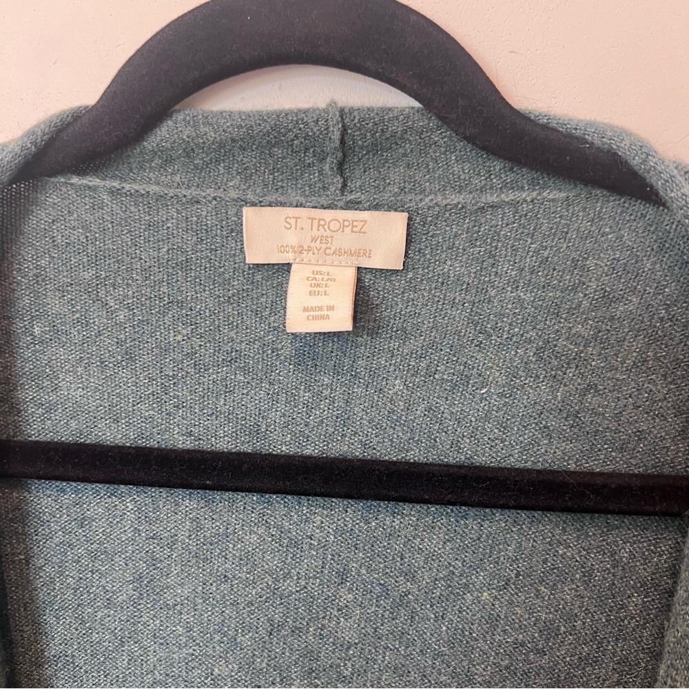 St Tropez Blue Teal Sweater Cardigan 2-Ply Cashmere Womens Large Soft Classy - Picture 2 of 12